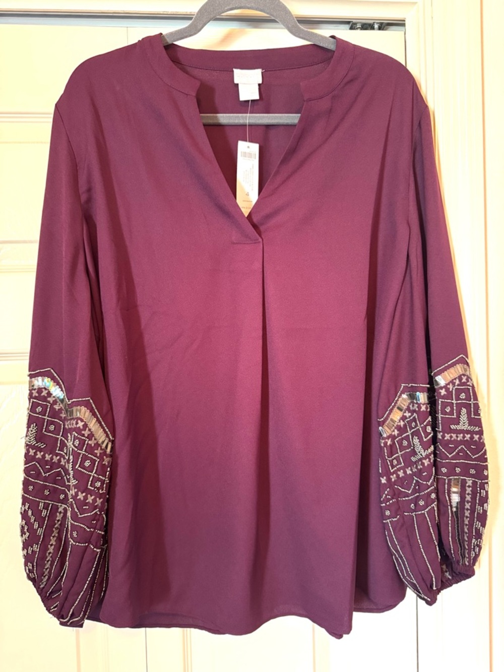 Chicos Blouse Size 4 XXL Embellished Beaded Sleeve Top Boysenberry NWT $119